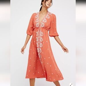 Free People Embroidered V-Neck Midi Dress in Coral Size Small